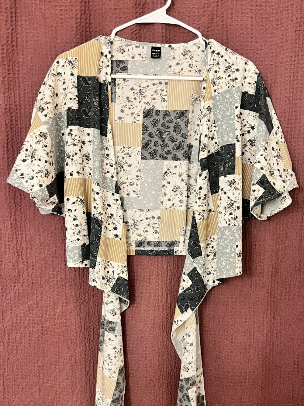 SHEIN Open Front Patchwork Print Kimono Top / Tie-Front Cardigan